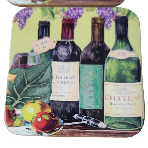 Wine Bottles Grapes Set of 4 Coasters Cork Backing Wood Glossy 3 1/2" x 3 1/2" - Picture 5 of 6